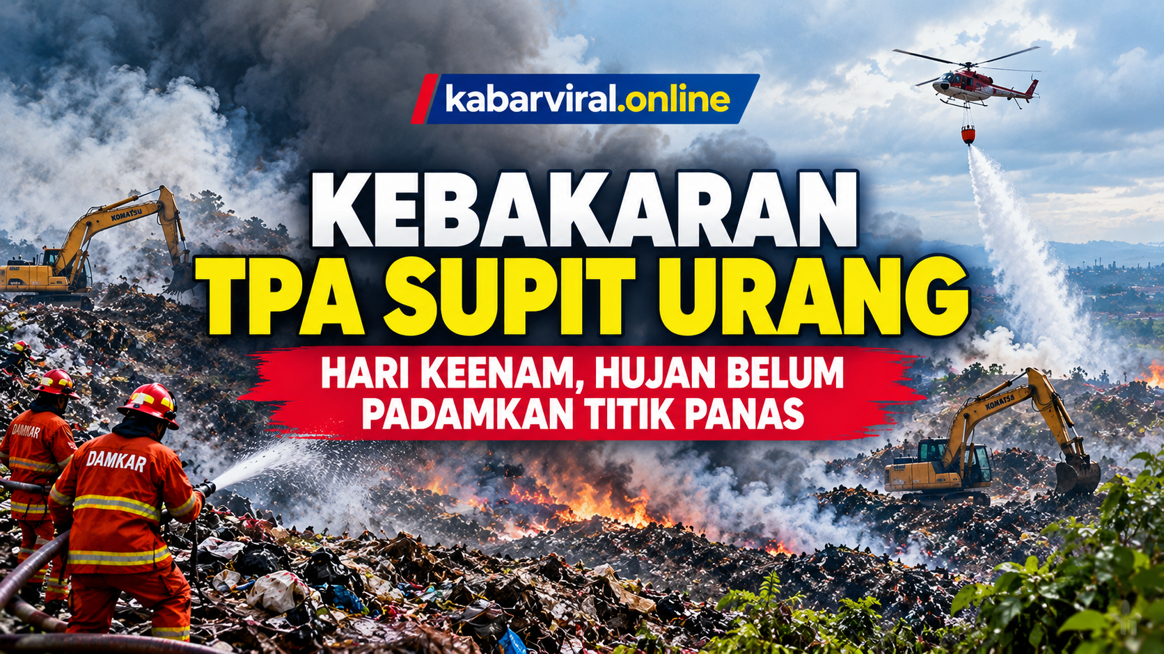 Ilustrasi kebakaran TPA Supit Urang Malang dengan petugas memadamkan titik panas di timbunan sampah