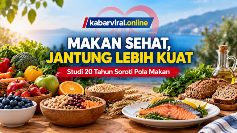 Ilustrasi pola makan sehat untuk menjaga kesehatan jantung dengan buah, sayuran, kacang-kacangan, biji-bijian, dan ikan