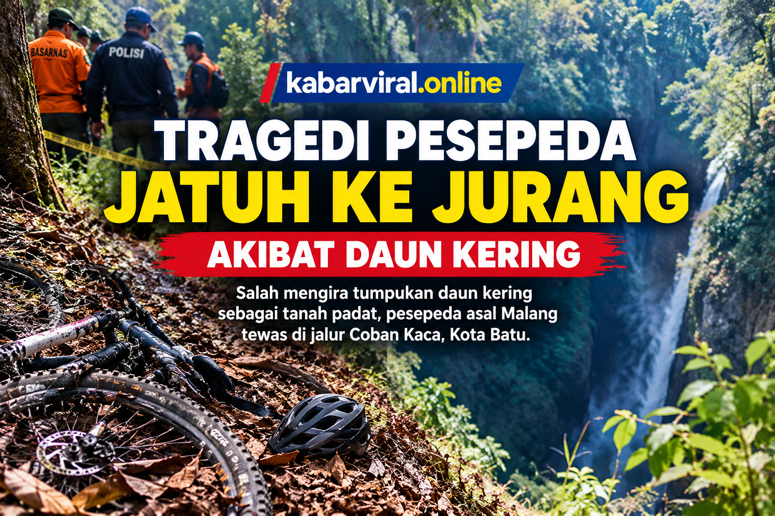 Ilustrasi jalur Coban Kaca dengan daun kering dan jurang dalam terkait kecelakaan pesepeda asal Malang
